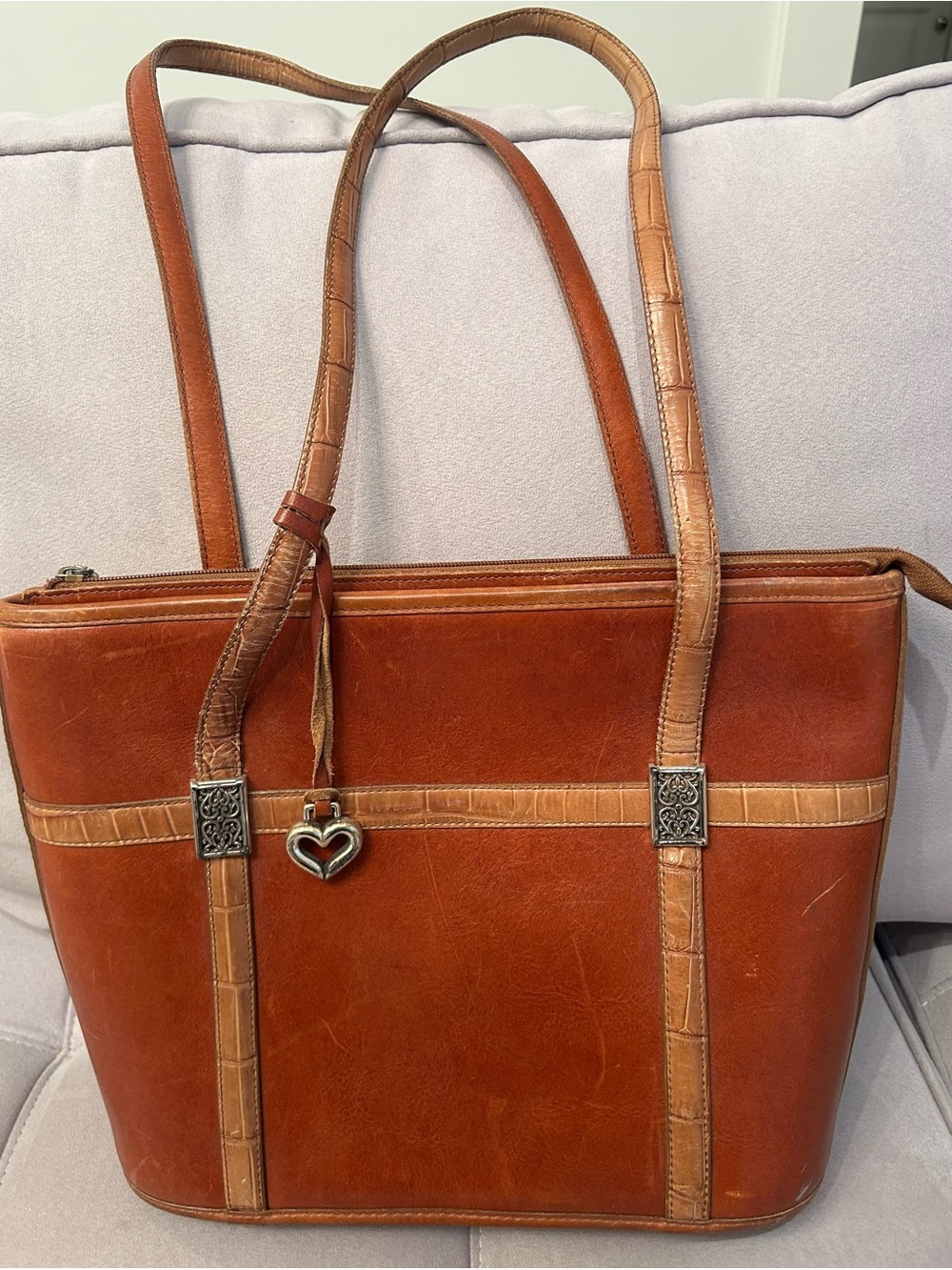 Brighton Cognac and Tan Leather Tote with Heart Charm & Classic Hardware